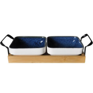 Μπώλ Πορσελάνη 2 Τεμαχίων Τετράγωνα Vythos Prestige Με Ξύλινη Βάση